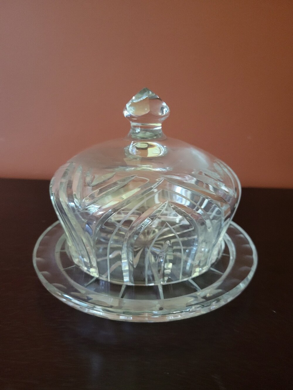 Clear Crystal Butter Dish w/Domed Lid 7” Round Pressed Glass Design  HEAVY